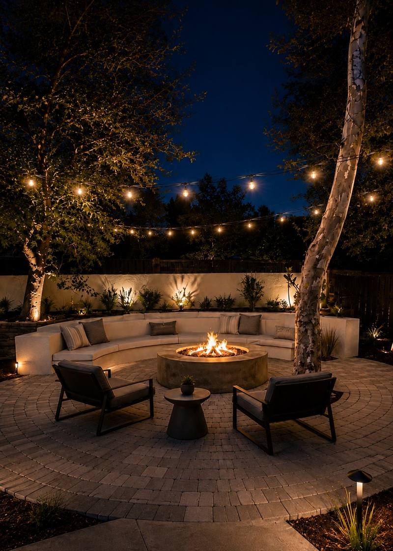 Outdoor fire pit lounge with string lights at the sober living home