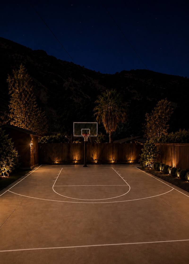 Lighted basketball court at night