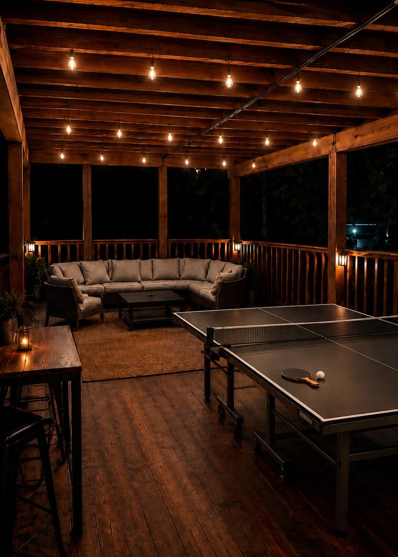 Covered deck with ping pong table