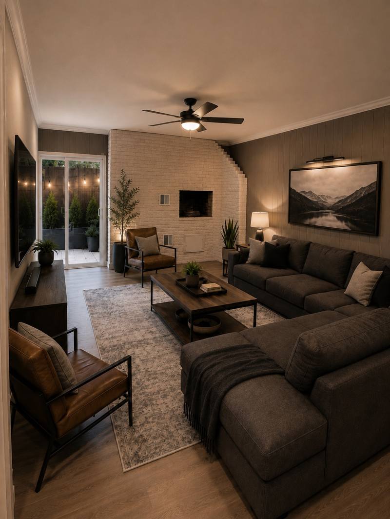 Cozy sober living family room with brick fireplace