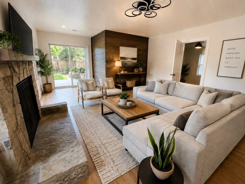 Living room with stone fireplace