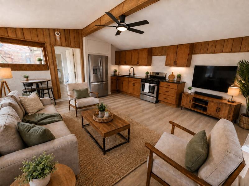 Open-concept living room and full kitchen