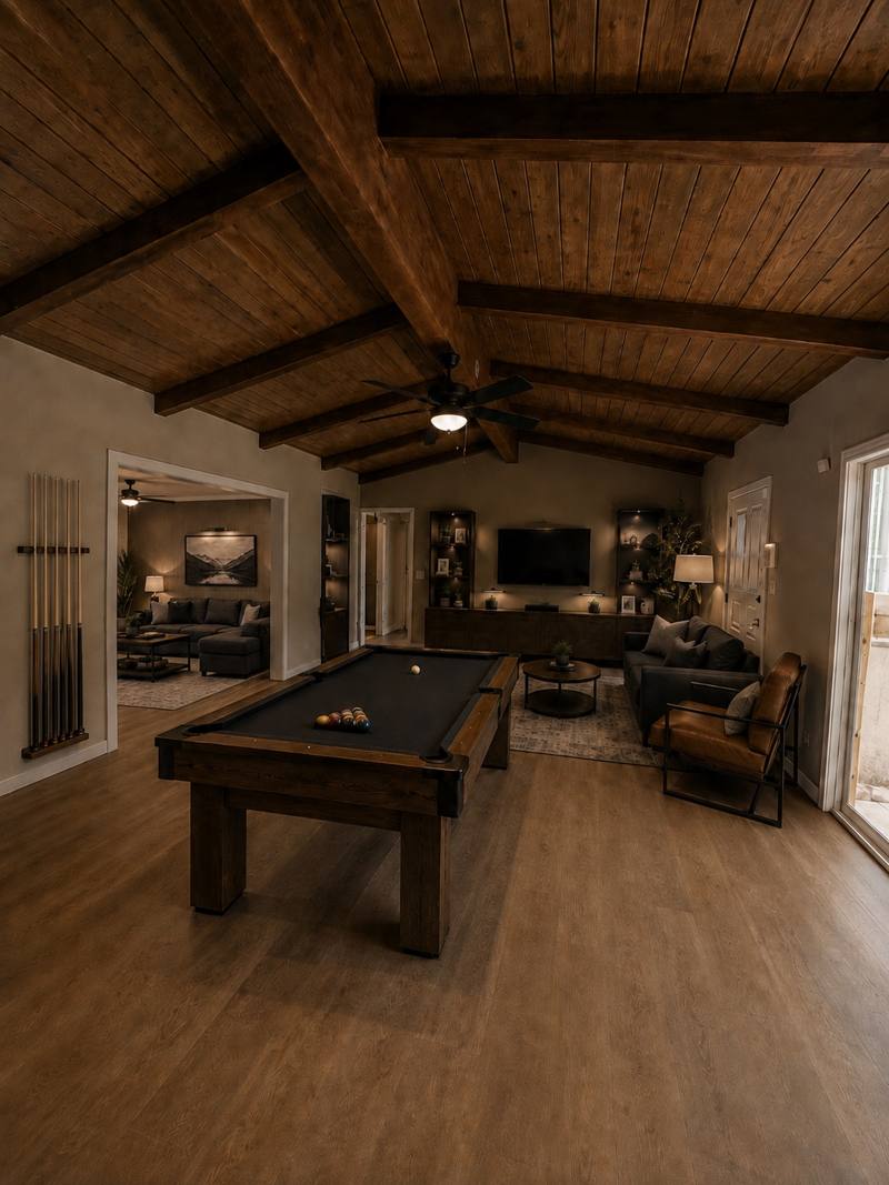 Sober living game room with pool table and lounge