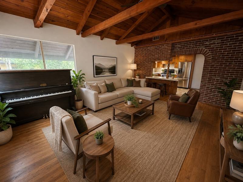 Living room with piano and exposed wood beams