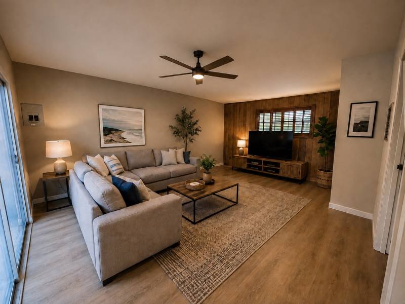 Living room with beach art and wood accent wall