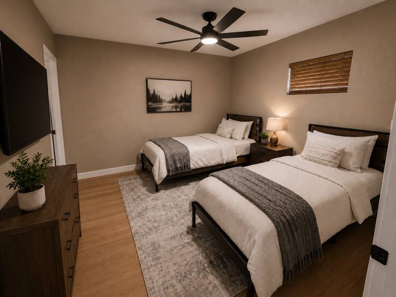 Bedroom with two beds and mountain artwork